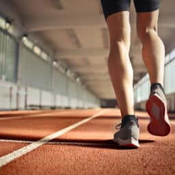 Close-up of someone's legs running on a track.