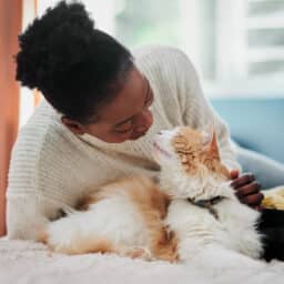 Happy woman in her apartment snuggling with her beautiful orange and white longhaired cat.