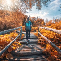 oung woman with backpack walking along a wooden path near stunning waterfalls, orange trees